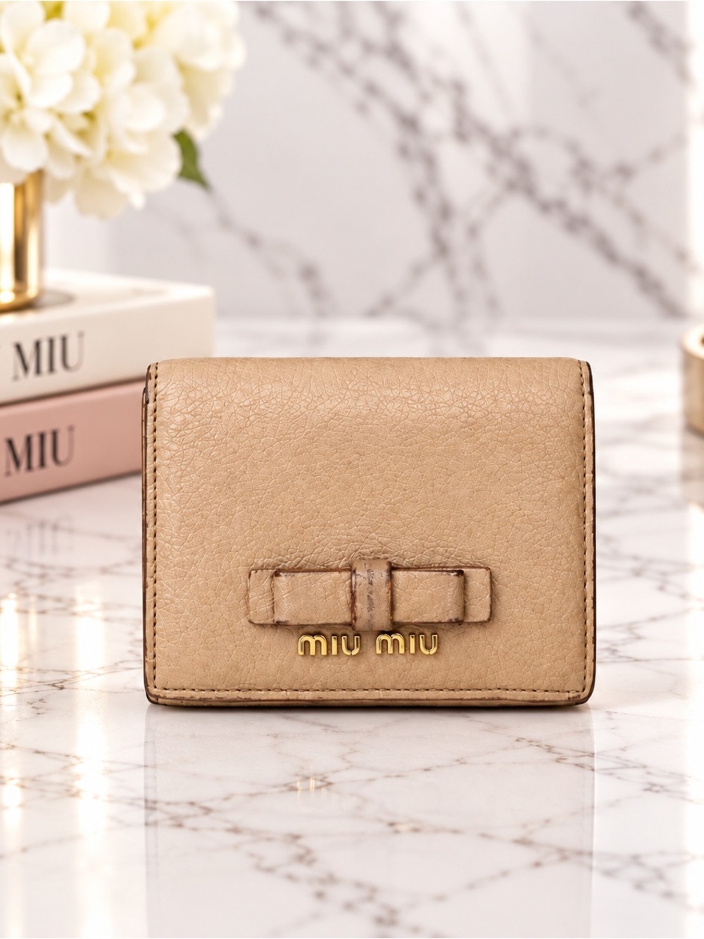 Miu Miu Madras Leather Compact Snap Bifold Wallet Gold Beige Bow